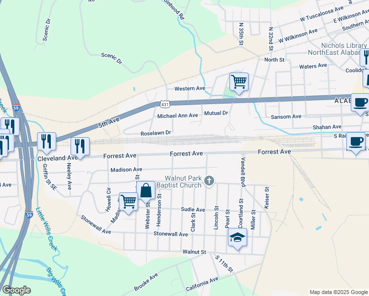map of restaurants, bars, coffee shops, grocery stores, and more near 3328 Forrest Avenue in Gadsden