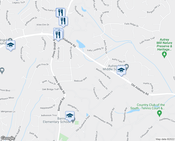 map of restaurants, bars, coffee shops, grocery stores, and more near 3880 Redcoat Way in Alpharetta