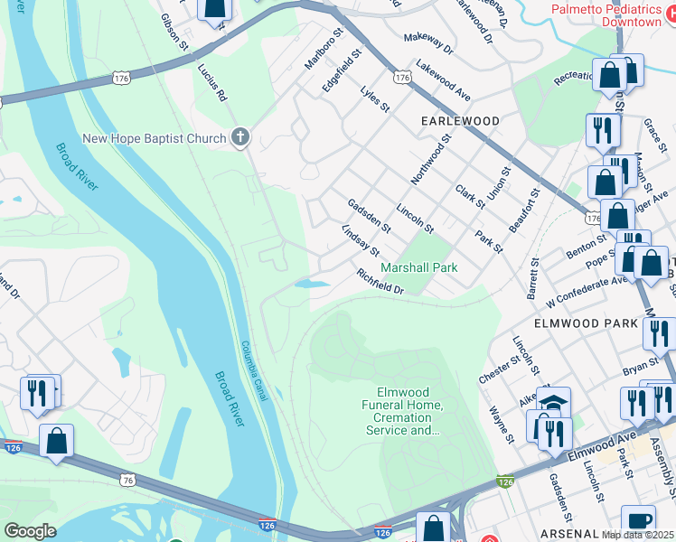 map of restaurants, bars, coffee shops, grocery stores, and more near 397 Canal Place Drive in Columbia