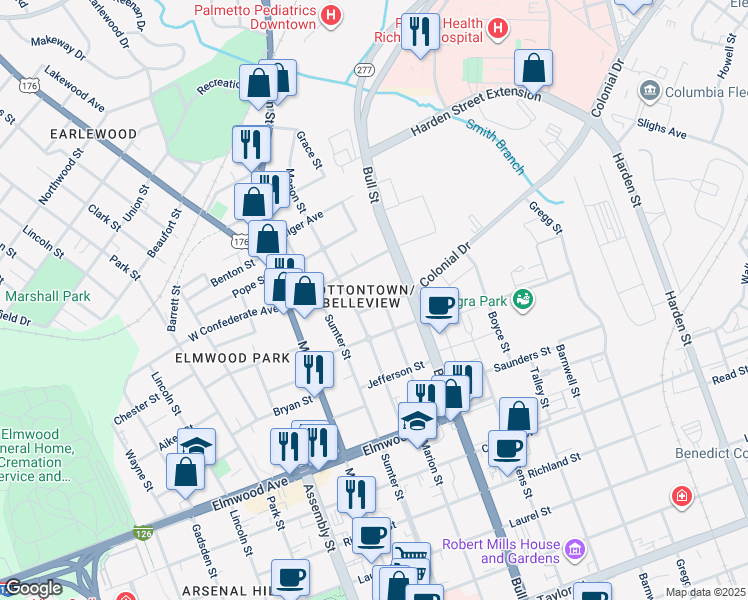map of restaurants, bars, coffee shops, grocery stores, and more near 1407 Victoria Street in Columbia
