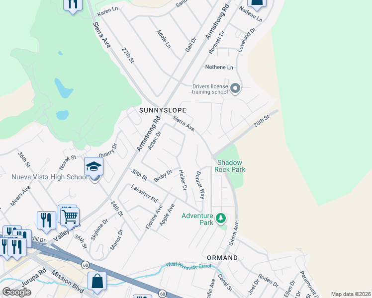 map of restaurants, bars, coffee shops, grocery stores, and more near 2796 Shiells Avenue in Riverside