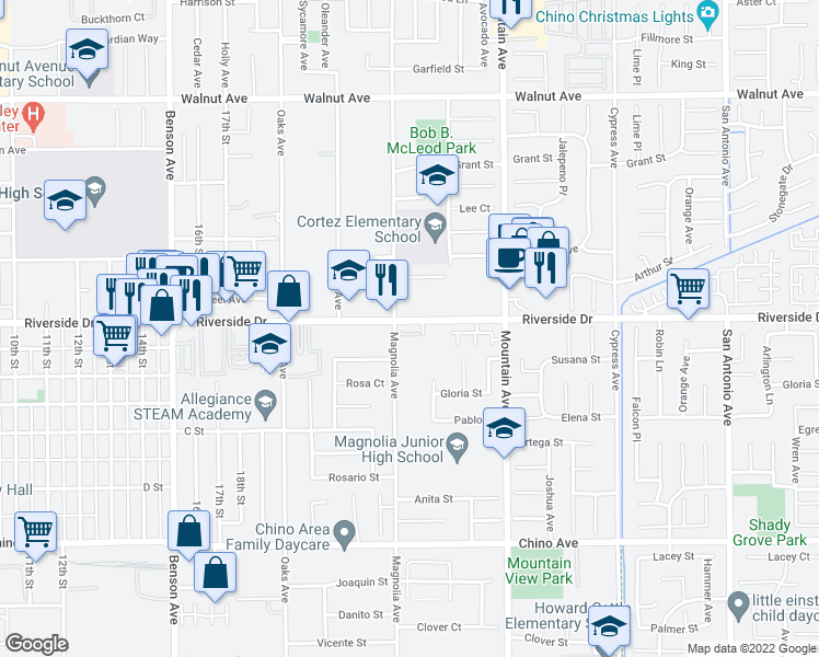 map of restaurants, bars, coffee shops, grocery stores, and more near 12929 Magnolia Avenue in Chino