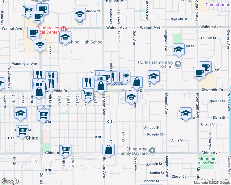 map of restaurants, bars, coffee shops, grocery stores, and more near 5775 Riverside Drive in Chino