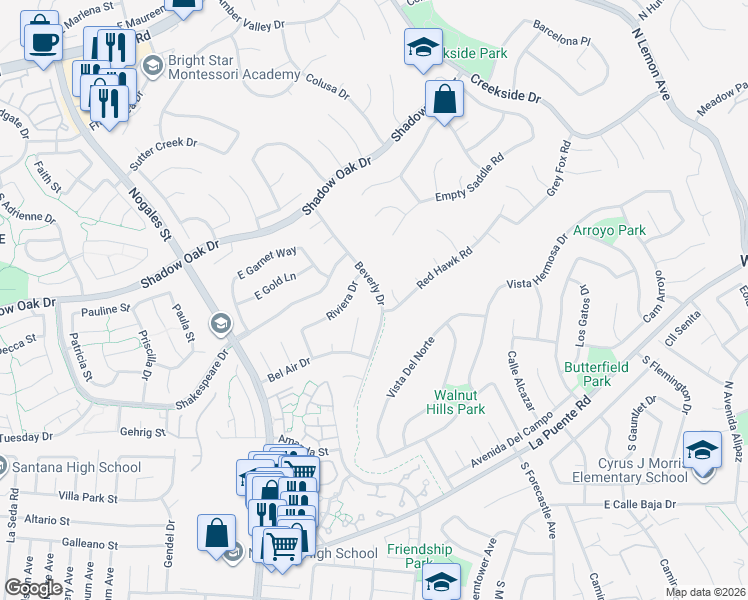 map of restaurants, bars, coffee shops, grocery stores, and more near 449 Beverly Drive in Walnut