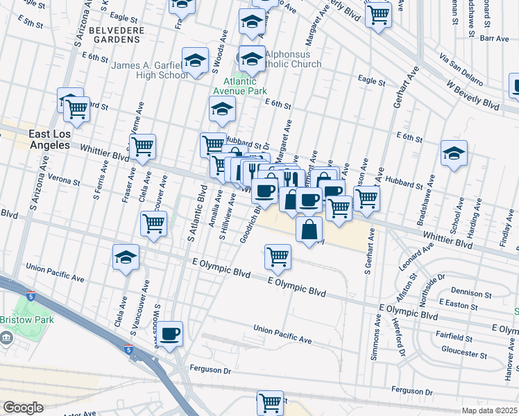 map of restaurants, bars, coffee shops, grocery stores, and more near in Commerce