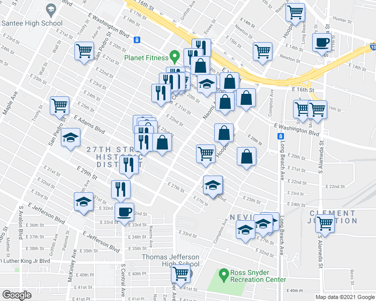 map of restaurants, bars, coffee shops, grocery stores, and more near 1221 East 25th Street in Los Angeles
