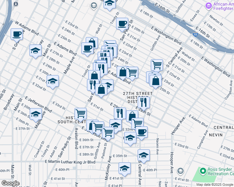 map of restaurants, bars, coffee shops, grocery stores, and more near 824 East 28th Street in Los Angeles