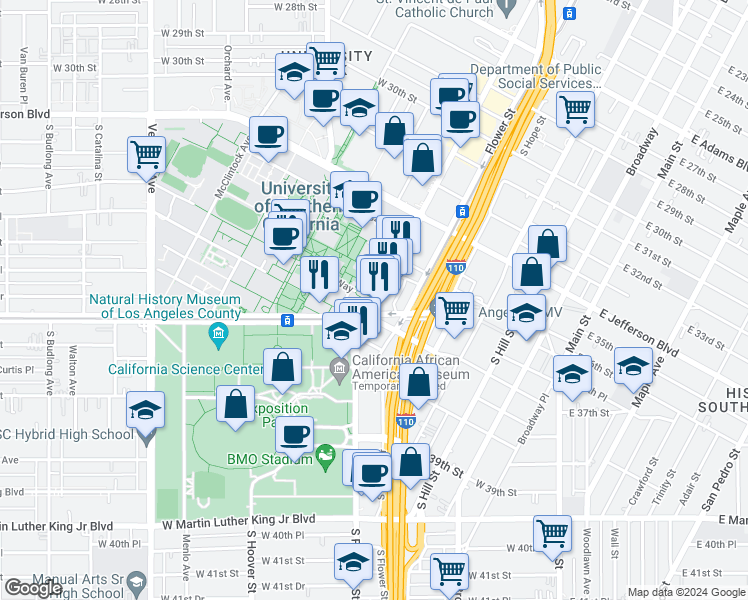 map of restaurants, bars, coffee shops, grocery stores, and more near in Los Angeles