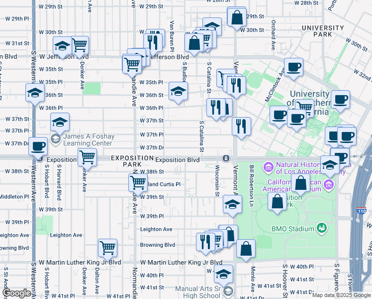 map of restaurants, bars, coffee shops, grocery stores, and more near 1141 Exposition Boulevard in Los Angeles