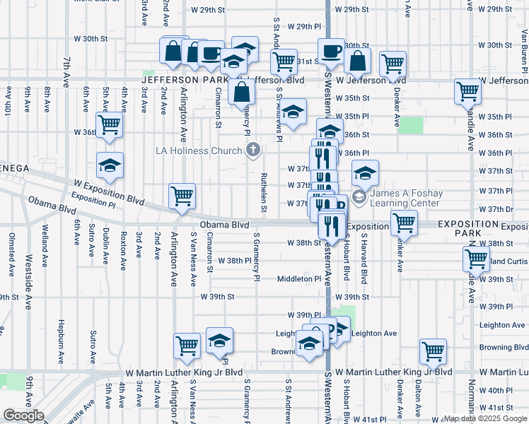 map of restaurants, bars, coffee shops, grocery stores, and more near 1763 Exposition Boulevard in Los Angeles