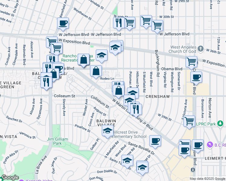 map of restaurants, bars, coffee shops, grocery stores, and more near 4565 West Martin Luther King in Los Angeles