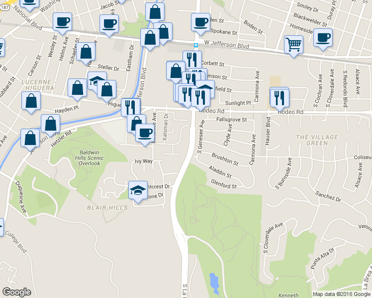 map of restaurants, bars, coffee shops, grocery stores, and more near 3763 South Genesee Avenue in Los Angeles