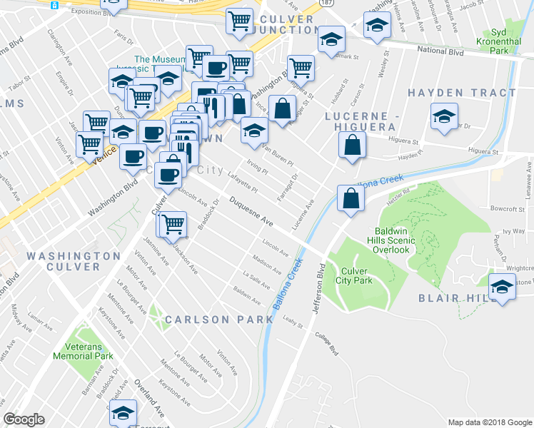 map of restaurants, bars, coffee shops, grocery stores, and more near 4185 Duquesne Avenue in Culver City