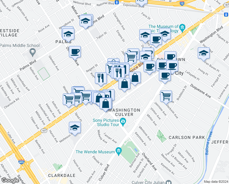 map of restaurants, bars, coffee shops, grocery stores, and more near 3861 Mentone Avenue in Culver City