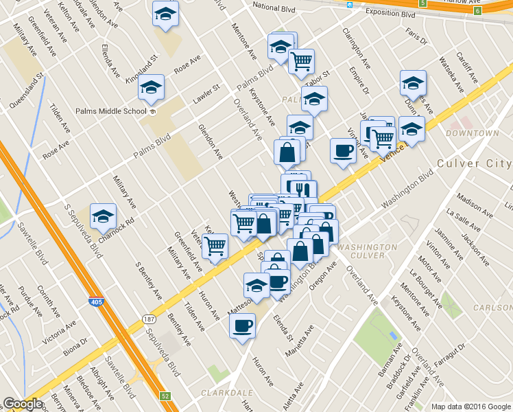 map of restaurants, bars, coffee shops, grocery stores, and more near 3745 Glendon Avenue in Los Angeles