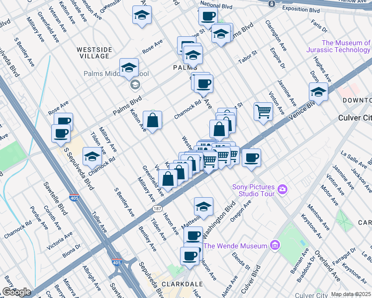 map of restaurants, bars, coffee shops, grocery stores, and more near 3721 Westwood Boulevard in Los Angeles