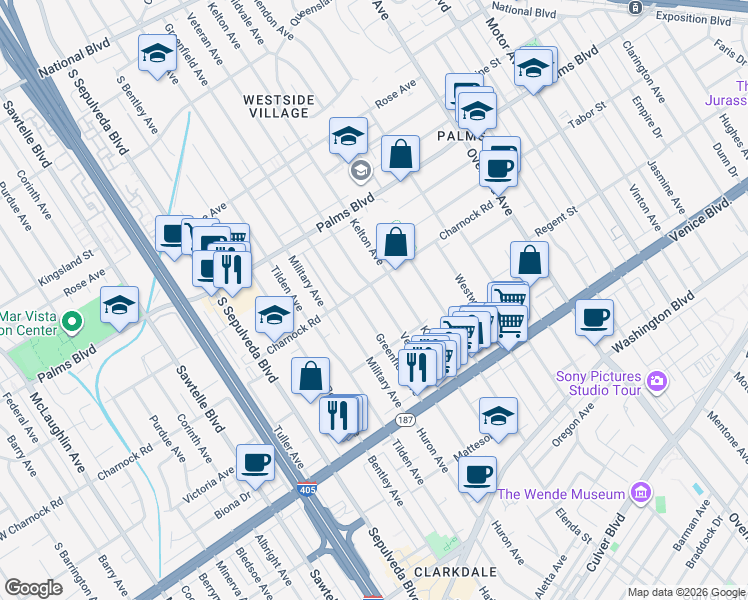 map of restaurants, bars, coffee shops, grocery stores, and more near 3621 Greenfield Avenue in Los Angeles