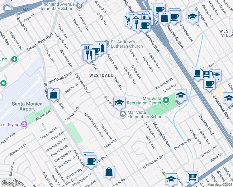 map of restaurants, bars, coffee shops, grocery stores, and more near 3245 South Barrington Avenue in Los Angeles
