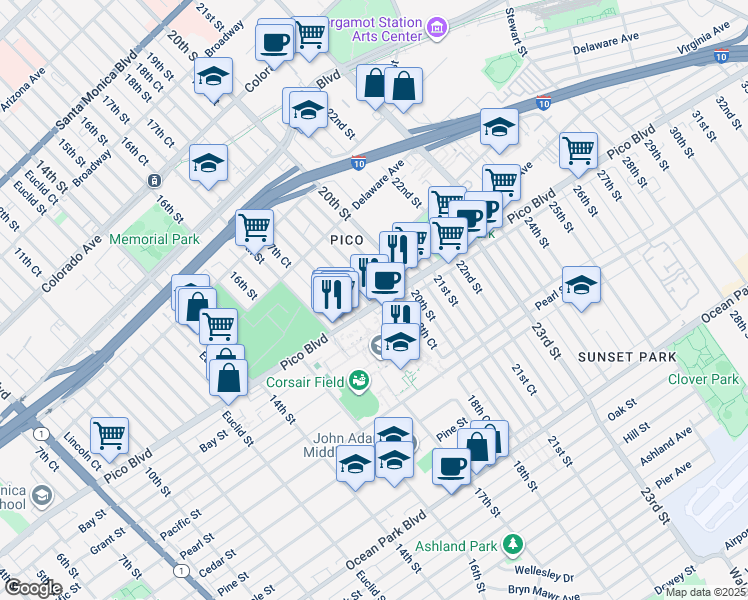map of restaurants, bars, coffee shops, grocery stores, and more near in Santa Monica