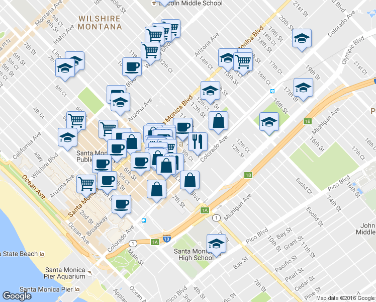 map of restaurants, bars, coffee shops, grocery stores, and more near 1519 9th Street in Santa Monica