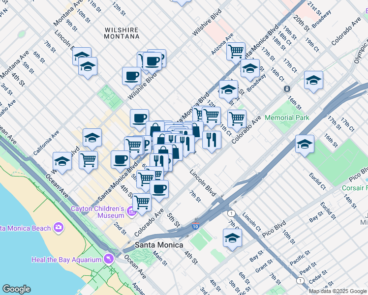 map of restaurants, bars, coffee shops, grocery stores, and more near 1447 Lincoln Boulevard in Santa Monica