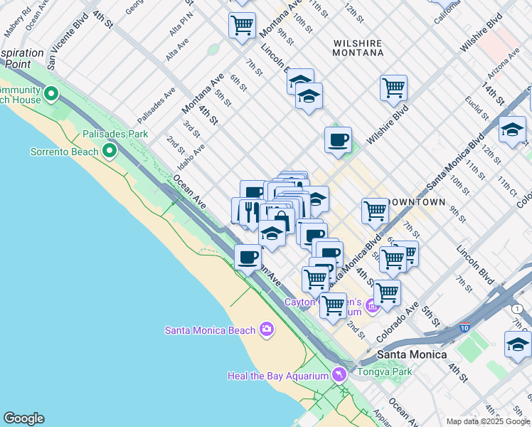 map of restaurants, bars, coffee shops, grocery stores, and more near 1137 2nd Street in Santa Monica