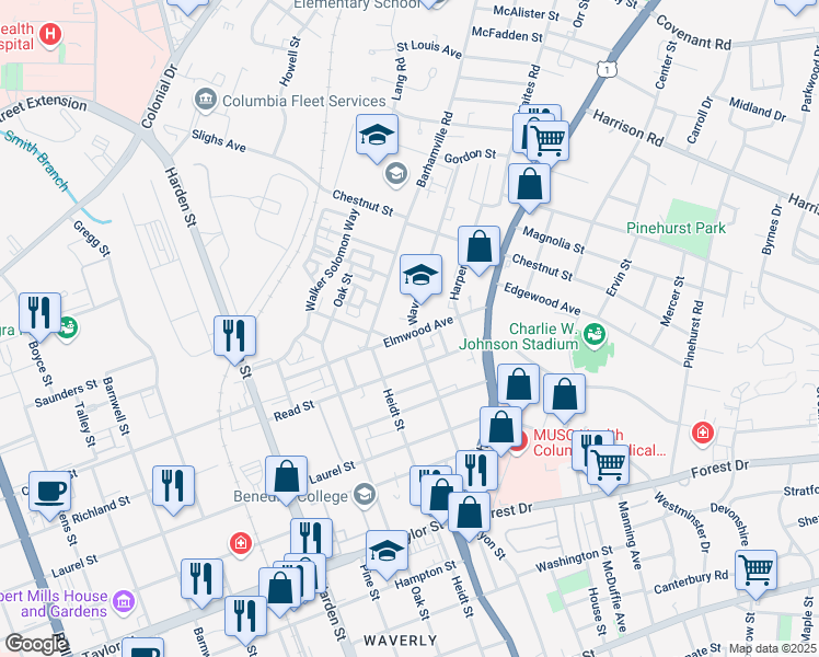 map of restaurants, bars, coffee shops, grocery stores, and more near 2422 Elmwood Avenue in Columbia
