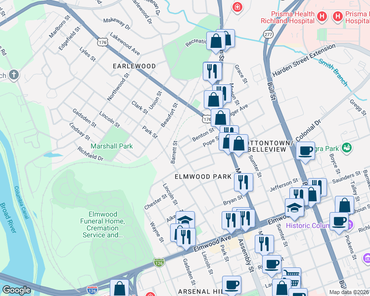 map of restaurants, bars, coffee shops, grocery stores, and more near 1003 Pope Street in Columbia