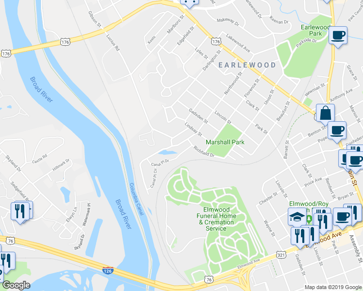 map of restaurants, bars, coffee shops, grocery stores, and more near 397 Canal Place Drive in Columbia