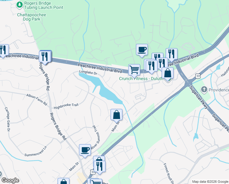map of restaurants, bars, coffee shops, grocery stores, and more near 3740 Longlake Drive in Duluth
