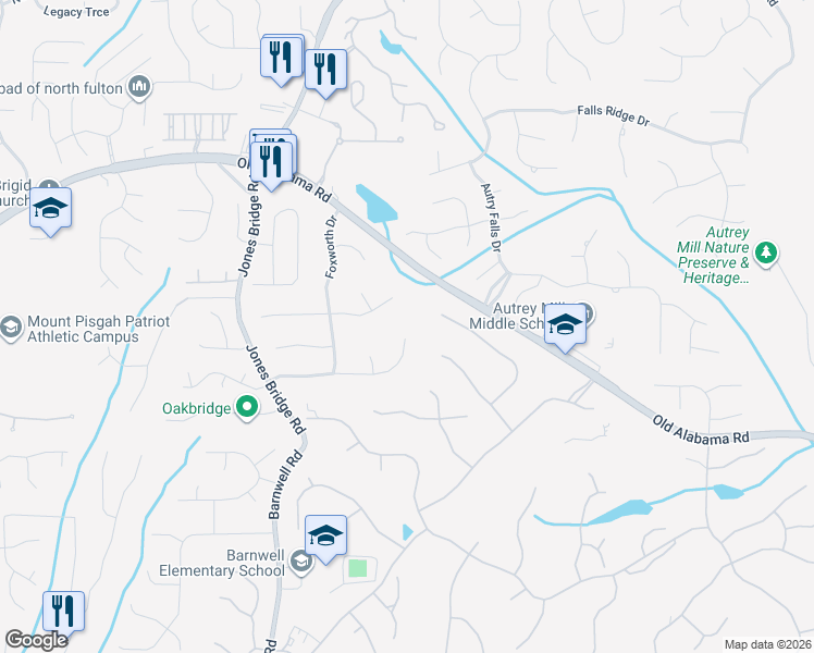 map of restaurants, bars, coffee shops, grocery stores, and more near 3880 Redcoat Way in Alpharetta