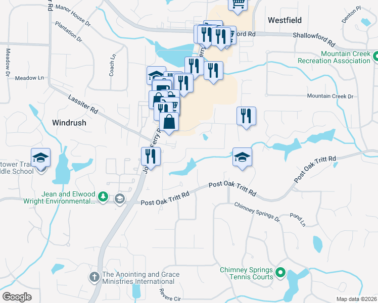 map of restaurants, bars, coffee shops, grocery stores, and more near 2844 Interlaken Drive in Marietta