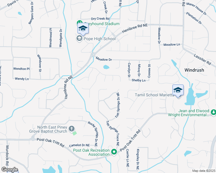 map of restaurants, bars, coffee shops, grocery stores, and more near 2704 Tritt Springs Trace Northeast in Marietta