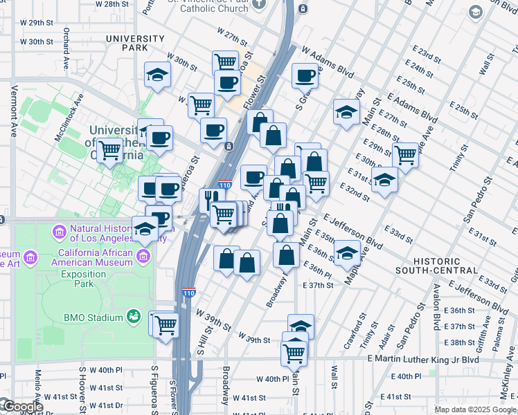 map of restaurants, bars, coffee shops, grocery stores, and more near 3434 South Grand Avenue in Los Angeles