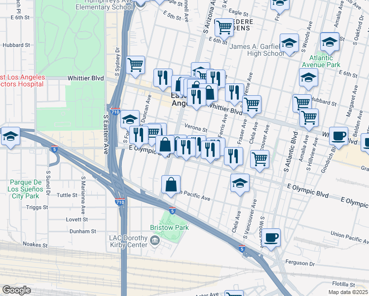 map of restaurants, bars, coffee shops, grocery stores, and more near 1123 South Kern Avenue in East Los Angeles