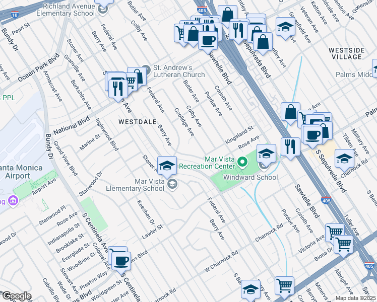 map of restaurants, bars, coffee shops, grocery stores, and more near 3322 Colbert Avenue in Los Angeles