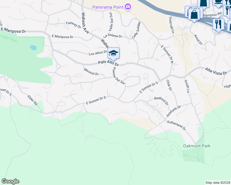map of restaurants, bars, coffee shops, grocery stores, and more near 30716 East Sunset Drive South in Redlands