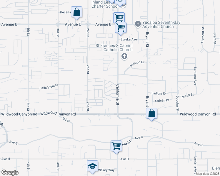 map of restaurants, bars, coffee shops, grocery stores, and more near 12874 California Street in Yucaipa