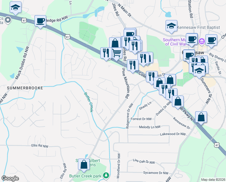 map of restaurants, bars, coffee shops, grocery stores, and more near 2746 Highland Ridge Northwest in Kennesaw