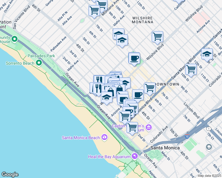 map of restaurants, bars, coffee shops, grocery stores, and more near 1137 2nd Street in Santa Monica
