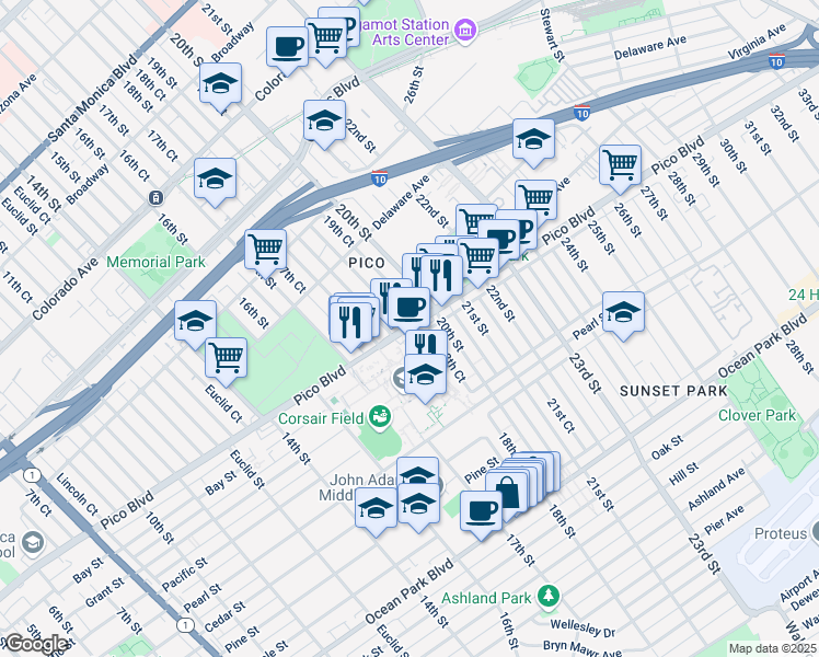 map of restaurants, bars, coffee shops, grocery stores, and more near Pico Blvd & 19th St in Santa Monica
