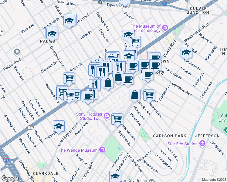 map of restaurants, bars, coffee shops, grocery stores, and more near 10375 Washington Boulevard in Culver City