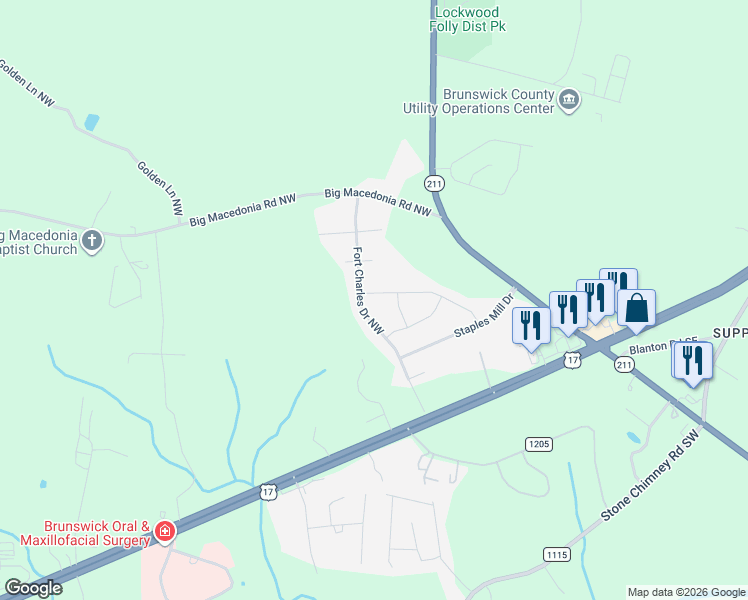 map of restaurants, bars, coffee shops, grocery stores, and more near 135 Fort Charles Drive Northwest in Brunswick County