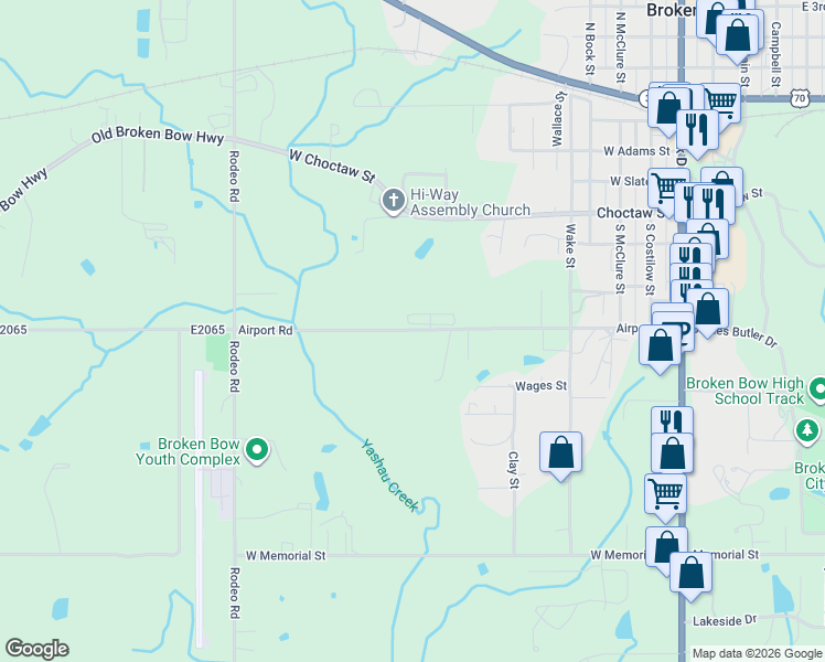 map of restaurants, bars, coffee shops, grocery stores, and more near 407 Airport Road in Broken Bow