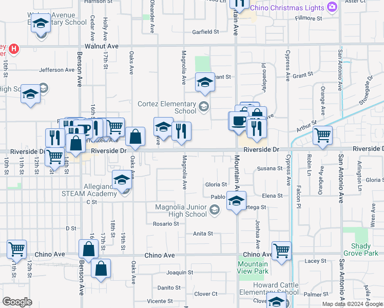 map of restaurants, bars, coffee shops, grocery stores, and more near 6121 Riverside Drive in Chino