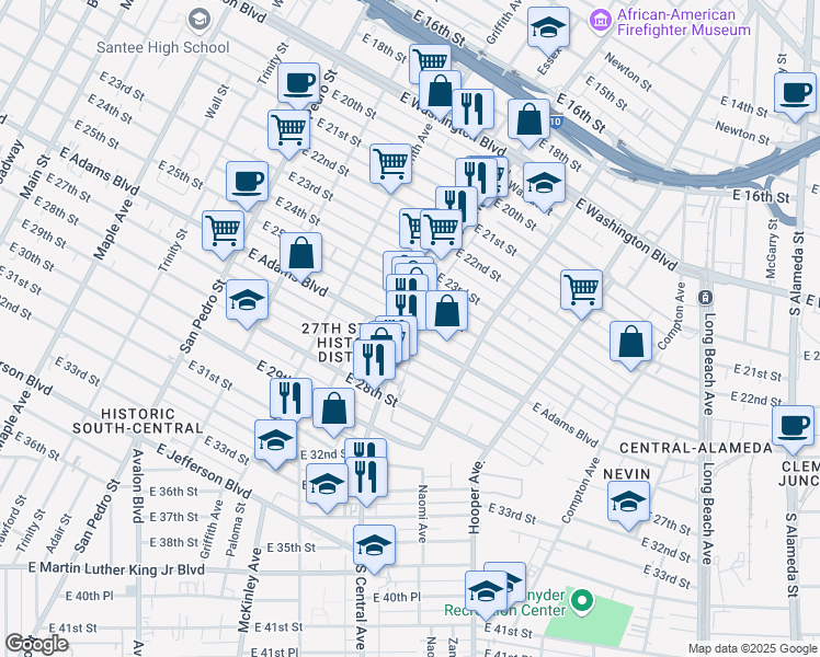 map of restaurants, bars, coffee shops, grocery stores, and more near 2528 South Central Avenue in Los Angeles