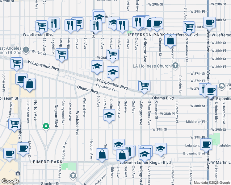 map of restaurants, bars, coffee shops, grocery stores, and more near 2410 Exposition Place in Los Angeles