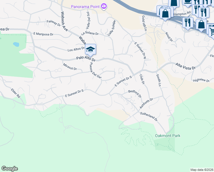 map of restaurants, bars, coffee shops, grocery stores, and more near 30807 Alta Mira Drive in Redlands