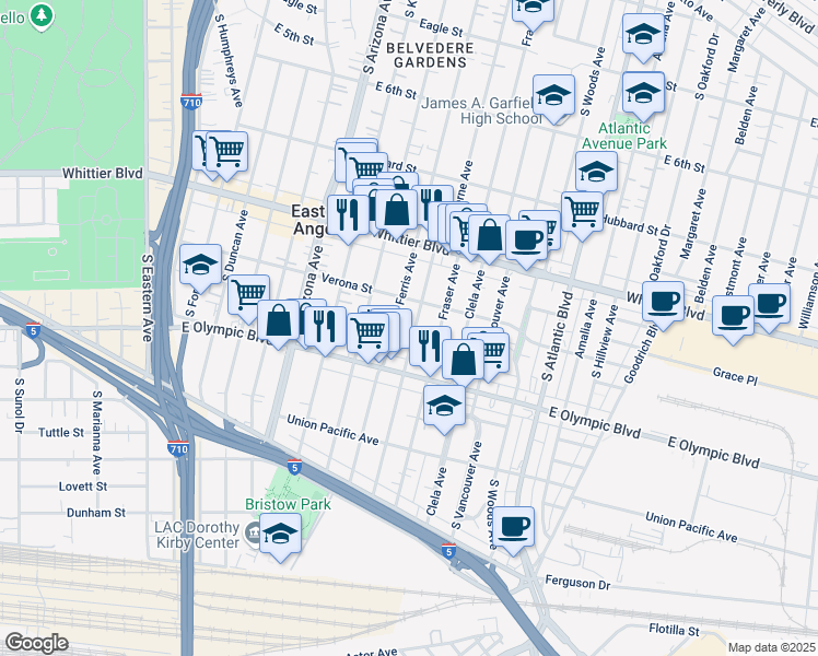 map of restaurants, bars, coffee shops, grocery stores, and more near 1116 South Ferris Avenue in East Los Angeles