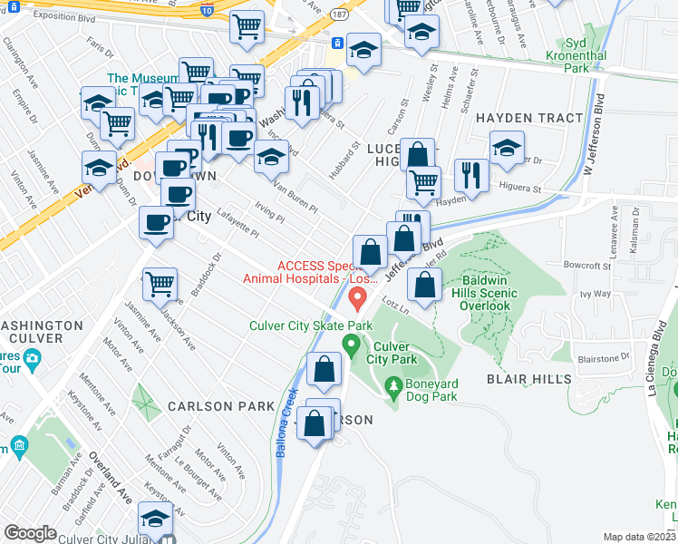 map of restaurants, bars, coffee shops, grocery stores, and more near 9612 Lucerne Avenue in Culver City